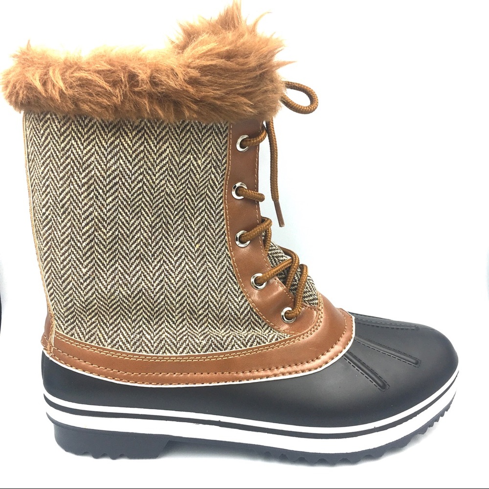 Last Pair! Herringbone Tweed Snow Boots Faux Fur